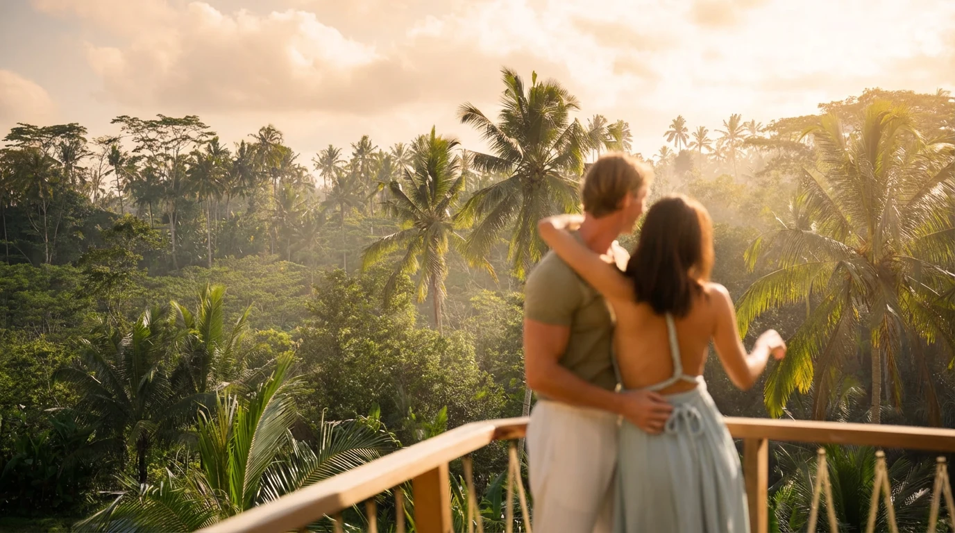 Couple on a bamboo balcony looking out over palm trees and jungle in soft morning light