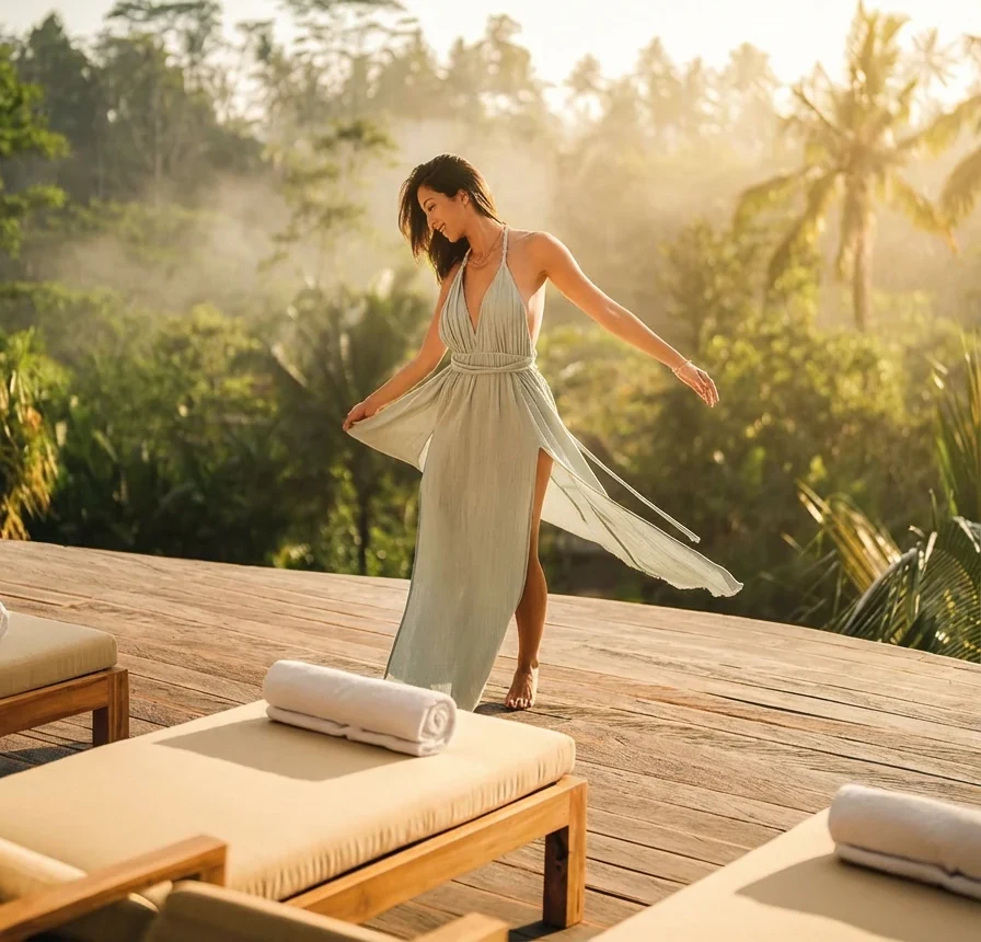 Guest in a flowing dress on the sun deck, with loungers in front and misty jungle behind